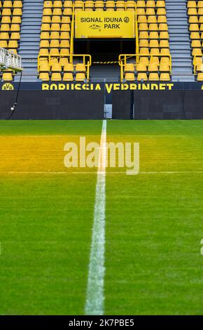 Spielplatzansicht mit Rasenpflege-Ausrüstung in der Signal Iduna Arena - dem offiziellen Spielplatz des FC Borussia Dortmund Stockfoto