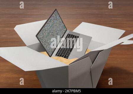 Laptop zeigt Programmiercode in einer Sandkiste zum Mitnehmen an. Darstellung des Konzepts der Sandbox-Umgebung (isolierter Testbereich) des Computers Stockfoto