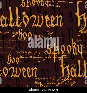 Nahtloses Muster Happy Halloween mit Text, Kürbis, Geist, Hexer. Handgezeichneter gotischer Buchstabe, Silhouette, unlesbarer Text Stock Vektor