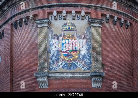 Ungarn Wappen am Clark Adam Square - Budapest, Ungarn Stockfoto