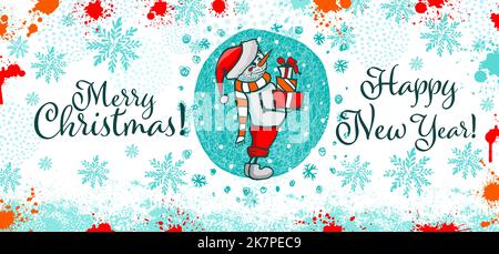 Tasse Design fröhliche weihnachten und glückliches neues Jahr mit Schneemann. Papa ist ein Schneemann mit Geschenken in seinen Händen. Vektorgrafik Stock Vektor