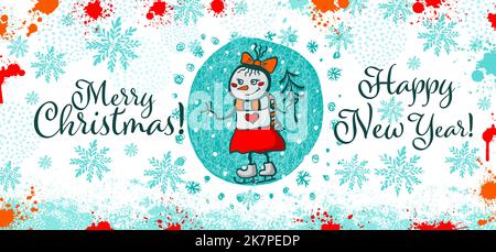 Tasse Design fröhliche weihnachten und glückliches neues Jahr mit Schneemann. Schneemannmädchen mit einem Weihnachtsbaum in ihren Händen. Vektorgrafik Stock Vektor