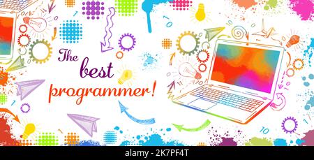 Technologiekonzept. Web-Banner programmieren. Beste Programmiersprachen. Becher-Design für den besten Programmierer. Vektorgrafik Stock Vektor