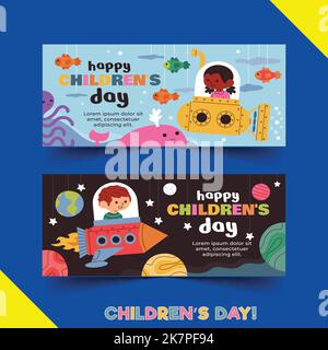 Handgezeichnete flache Welt Kinder s day horizontale Banner Set Vektor Design Illustration Stock Vektor