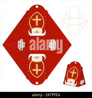Geschenkschachtel-Vorlage. Schneiden und biegen. Isoliert. Weihnachtsmuster. Leeres Etikett. Vorlage.St. nikolaus Tag Geschenk Stock Vektor