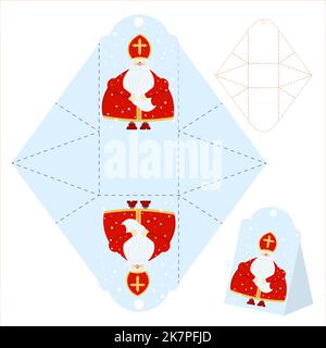 Geschenkschachtel-Vorlage. Schneiden und biegen. Isoliert. Weihnachtsmuster. Leeres Etikett. Vorlage.St. nikolaus Tag Geschenk Stock Vektor