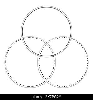 Venn-Diagramm drei Linien und gestrichelte Linien verschmelzen Kreise Diagramm Infografik Zeichen. Stock Vektor