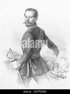 Victor Emmanuel, mit einer Schlacht im Hintergrund (1848) von Paolo Emilio Morgari Victor Emmanuel II. (1820 – 1878) König von Sardinien vom 1849. Bis 17. März 1861 Stockfoto