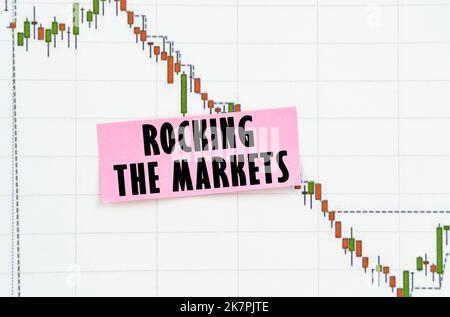 Geschäfts- und Handelskonzept. Vor dem Hintergrund der Zitatstabelle ein Aufkleber mit der Aufschrift - Rocking the Markets Stockfoto