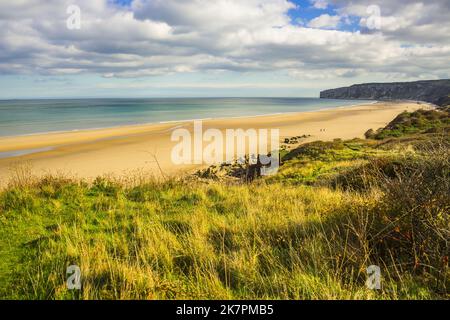 Blick von der Klippe auf den Reighton- und Speeton-Sand. Stockfoto