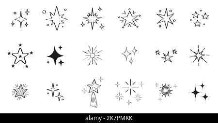 Glitzer Sterne in Doodle Set Vektor. Skizze Sterne Formen, glänzende Linie Starburst Zeichen für weihnachtsfeier Einladung. Glow-Effekt im handgezeichneten Stil. Stock Vektor