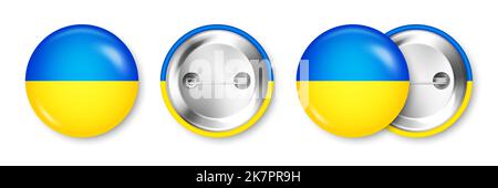 Realistisches Knopfabzeichen mit bedruckter ukrainischer Flagge. Souvenir aus der Ukraine. Glänzendes Pin-Emblem mit glänzendem Metallverschluss. Produktmockup für Werbung und Stock Vektor