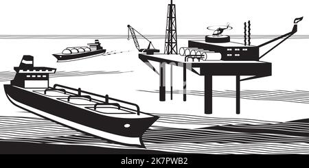 Tanker, die Benzin von Offshore-Ölplattform laden - Vektorgrafik Stock Vektor