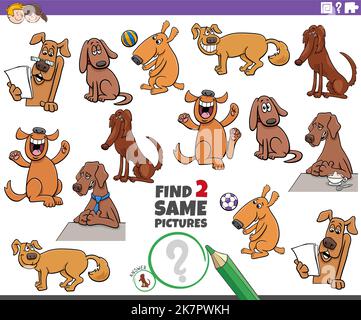 Cartoon Illustration der Suche nach zwei gleichen Bildern pädagogische Aufgabe mit Comic-Hunde Tierfiguren Stock Vektor