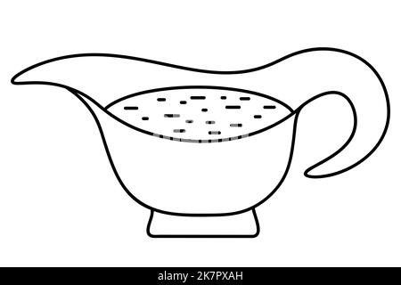 Schüssel mit Soße. Vektorgrafik. Umriss auf einem isolierten weißen Hintergrund. Doodle-Stil. Skizze. Traditionelle Soße für ein warmes Abendessen. Keramikbecher Stock Vektor