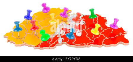 Karte von Bhutan mit farbigen Stecknadeln, 3D Rendering isoliert auf weißem Hintergrund Stockfoto