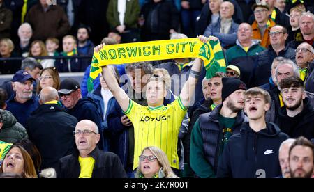 Norwich, Großbritannien. 18. Oktober 2022. Norwich-Fans beim Sky Bet Championship-Spiel zwischen Norwich City und Luton Town in der Carrow Road am 18. 2022. Oktober in Norwich, England. (Foto von Mick Kearns/phcimages.com) Credit: PHC Images/Alamy Live News Stockfoto