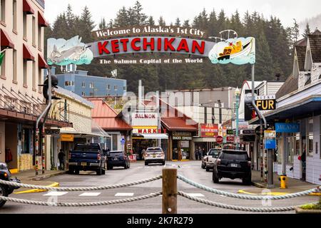 Willkommen in Ketchikan Schild 'Lachshauptstadt der Welt' - Ketchikan, Alaska, USA Stockfoto