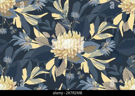Illustration mit gelben Chrysanthemen und blauen Kornblumen Stock Vektor