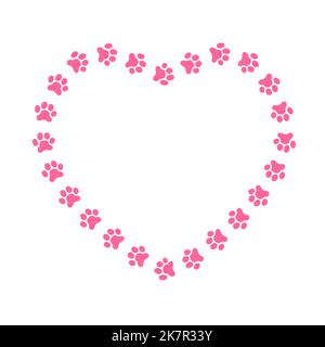 Herzförmiger Rahmen mit Fußabdrücken für Katzen- oder Hundepfoten. Niedliche Vorlage für Gruß- oder Einladungskarte, Haustier Foto oder Bild, Web-Banner isoliert auf weißem Hintergrund. Vektorgrafik flach Stock Vektor