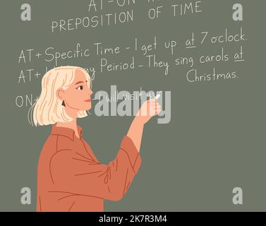 Englischlehrer schreibt auf einem Schwarzen Brett. Fremdsprachenunterricht. Stock Vektor