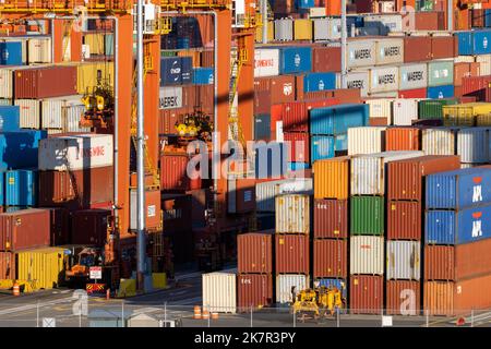 Bunte Schiffscontainer im Hafen von Vancouver - Vancouver, British Columbia, Kanada Stockfoto