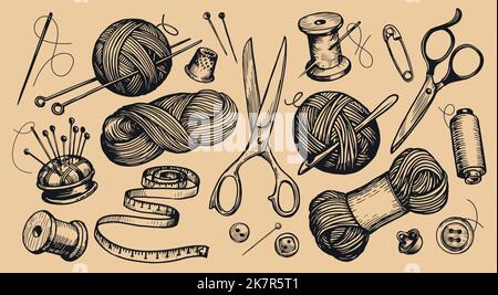 Elemente des Strickkonzepts. Zwirn- und Stricknadeln, Wollgarn, Schneiderschere, Nadel, Faden. Vektor der Vintage-Skizze Stock Vektor