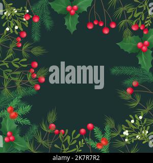 Frohe Weihnachten und Winter quadratische Karten Aquarell Kollektion. Bouquet von Holy-Beere und Pinienzweigen. Trendy Square Winterurlaub. Stockfoto