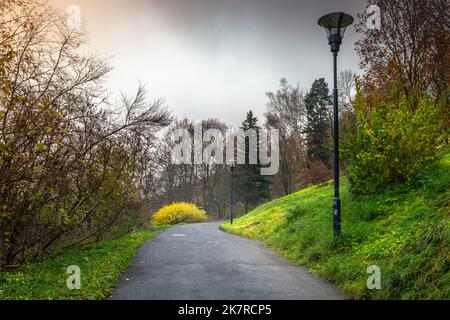 Letna Park in Prag am bewölkten Herbsttag mit Straßenlicht, Tschechische Republik Stockfoto