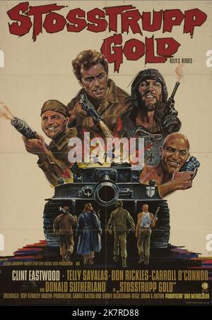 Don Rickles, Clint Eastwood, Donald Sutherland & Telly Savalas Film: Kelly'S Heroes (USA/YU 1970) Charaktere: SSGT. Crapgame, Pvt. Kelly, Sgt. Oddball (Panzerkommandant), MSgt. Big Joe Director: Brian G.Hutton 23 June 1970 **WARNUNG** Dieses Foto ist nur für den redaktionellen Gebrauch bestimmt und unterliegt dem Copyright von MGM und/oder dem Fotografen, der von der Film- oder Produktionsfirma beauftragt wurde, und kann nur durch Publikationen im Zusammenhang mit der Bewerbung des oben genannten Films reproduziert werden. Eine obligatorische Gutschrift an MGM ist erforderlich. Der Fotograf sollte auch bei Bekanntwerden des Fotos gutgeschrieben werden. Ohne eine kommerzielle Nutzung kann keine Verwendung gewährt werden Stockfoto