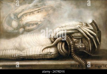 H. R. Giger Alien Artwork Film: Alien (USA/UK 1979) Regie: Ridley Scott 25 May 1979 **WARNUNG** Dieses Foto ist nur für den redaktionellen Gebrauch bestimmt und unterliegt dem Copyright von 20. CENTURY FOX und/oder des Fotografen, der von der Film- oder Produktionsfirma beauftragt wurde, und kann nur durch Publikationen im Zusammenhang mit der Bewerbung des oben genannten Films reproduziert werden. Eine obligatorische Gutschrift an 20. CENTURY FOX ist erforderlich. Der Fotograf sollte auch bei Bekanntwerden des Fotos gutgeschrieben werden. Ohne schriftliche Genehmigung der Film Company kann keine kommerzielle Nutzung gewährt werden. Stockfoto