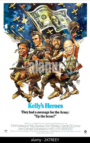 Don Rickles, Clint Eastwood, Donald Sutherland & Telly Savalas Film: Kelly'S Heroes (USA/YU 1970) Charaktere: SSGT. Crapgame, Pvt. Kelly, Sgt. Oddball (Panzerkommandant), MSgt. Big Joe Director: Brian G.Hutton 23 June 1970 **WARNUNG** Dieses Foto ist nur für den redaktionellen Gebrauch bestimmt und unterliegt dem Copyright von MGM und/oder dem Fotografen, der von der Film- oder Produktionsfirma beauftragt wurde, und kann nur durch Publikationen im Zusammenhang mit der Bewerbung des oben genannten Films reproduziert werden. Eine obligatorische Gutschrift an MGM ist erforderlich. Der Fotograf sollte auch bei Bekanntwerden des Fotos gutgeschrieben werden. Ohne eine kommerzielle Nutzung kann keine Verwendung gewährt werden Stockfoto