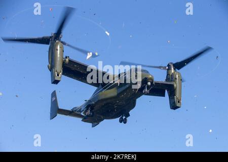 Ein Fischadler VM-22 fliegt während der Information Warfighter Exercise (IWX) in Camp Upshur, VA, 16. September 2022 über dem Himmel, um einen Flugblattabwurf zu erhalten. Das IWX ist eine Schulungsveranstaltung, die sich auf die Umsetzung aller informationsbezogenen Fähigkeitsanforderungen mit der gemeinsamen Truppe, Regierungsbehörden und Partnerländern konzentriert, die allen Marine Corps-Operationen genaue Fachkenntnisse zur Verfügung stellt. (Offizielle Marine Corps Foto von CPL. Eric Hunyh) Stockfoto