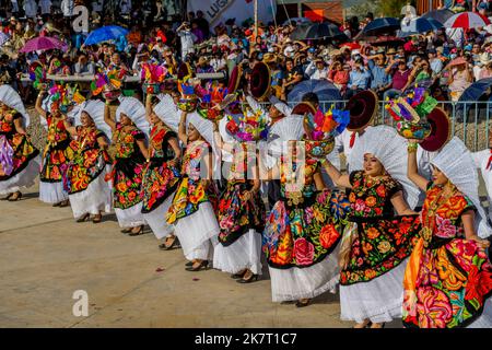 Tänzer treten in der Guelaguetza in der Arena von San Antonino Castillo Velasco in der Nähe von Oaxaca, Mexiko, auf. Stockfoto