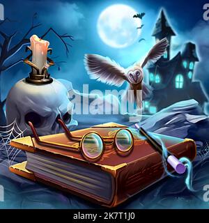 Happy halloween, Eule, Kerze, Schädel, Brille, Buch, Zauberstab, gegen ein Schloss und Fledermäuse in der Nacht Stockfoto
