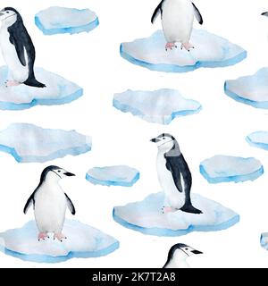 Waterocolor Hand gezeichnet nahtloses Muster mit arktischen Pole Pinguine auf Eis. Antarctina marine Meer Ozean Ameisen Migration Vögel niedlich Baumschule Design Hintergrund auf weiß isoliert. Wasser adelie Kaiserart Stockfoto