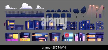 Nächtliche Stadtelemente, Straßenkonstrukteur, Stadtarchitektur Design-Objekte isoliert gesetzt. Cartoon-Häuser, Geschäftsgebäude, Straßenlampen, Bäume, Wolken, Abfalleimer, Ampeln, Vektorgrafik Stock Vektor