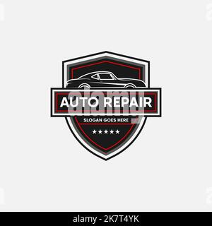 Oldtimer-Reparatur-und Service-Logo Premium Vector, gut für Kfz-Shop, Garage, Ersatzteile Firma Logo Emblem Stock Vektor