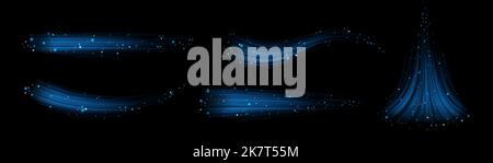 Frischer oder frostiger Luftstrom isoliert auf schwarzem Hintergrund eingestellt. Realistische Vektordarstellung von abstrakten neonblauen Wellen mit Funkeln. Kalter Wind weht im Winter. Magische Kraft, Lichtgeschwindigkeit Effekt-Design Stock Vektor