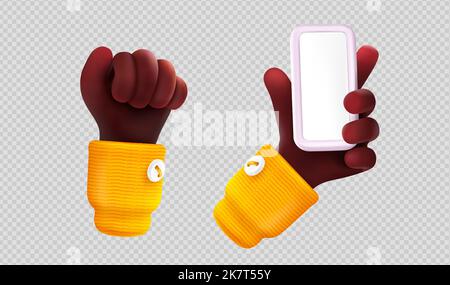 3D Render schwarze Hand Faust und Handfläche halten Smartphone mit leerem Bildschirm. Mockup von Handy in afrikanischen Person Arm isoliert auf transparentem Hintergrund, Vektor-Illustration in Cartoon-Kunststoff-Stil Stock Vektor