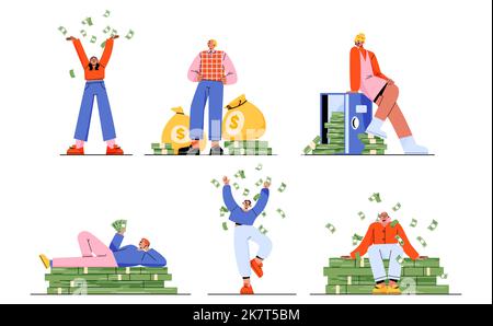 Glückliche reiche Leute mit Stapeln Bargeld, vollen Geldbeuteln, Safe. Konzept von Reichtum, Jackpot, Lotteriegewinn, Einkommenssteigerung, Wohlbefinden mit Charakteren mit Banknoten-Bundles, Vektor-flache Illustration Stock Vektor