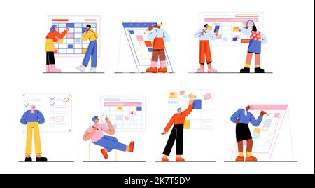 Menschen organisieren Arbeit, planen Aufgaben mit Kalender und Checklisten. Konzept der Agenda, des Geschäftsmanagements, des Routinezeitplans. Diverse Personen mit Aufgabetafeln, Vektor-flache Illustration Stock Vektor