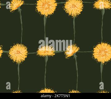 Vektormuster mit skizzierten gelben Dandelionen im Raster auf dunkelgrünem Hintergrund. Karierte Textur mit botanischem Blumenmuster für Stoffe. Hintergrundbild Stock Vektor