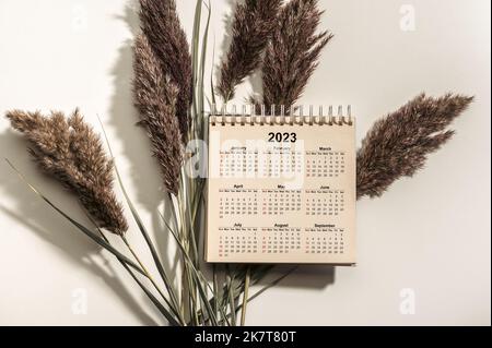 Kalendertisch 2023 auf weißem Hintergrund mit trockenem Gras. Lösungen, Strategien, Lösungen, Ziele, Geschäfts- und Neujahrsferien. Kalender Happy Ne Stockfoto
