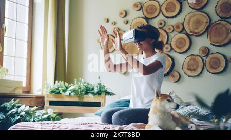 Das hübsche afroamerikanische Mädchen verwendet eine Virtual-Reality-Brille, die zu Hause auf dem Bett sitzt, bewegt Hände und Kopf und lächelt, während ihr süßer Hund gähnt und seine Schnauze leckt. Stockfoto