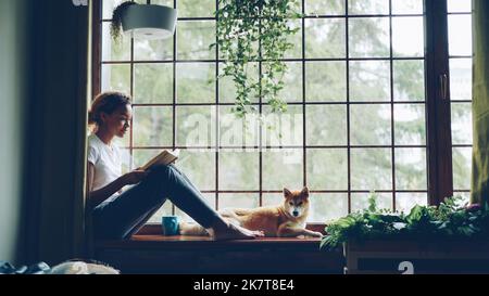 Attraktive junge Dame liest Buch sitzt auf Fensterbank im Haus zusammen mit entzückenden kleinen Welpen. Großes Fenster, grüne Pflanzen, schönes Interieur ist sichtbar. Stockfoto