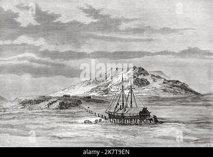 Winterschlaf des Germanía-Schiffes auf der Insel Sabine. Zweite deutsche Expedition zum Nordpol mit den Schiffen Germania und Hansa, 1869 Stockfoto