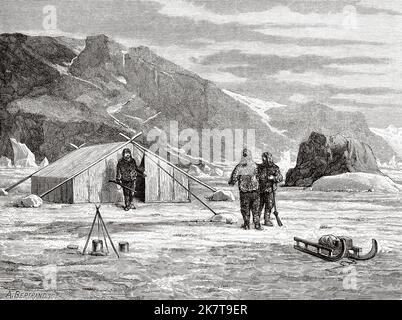 Lager der Besatzung der Germania. Zweite deutsche Expedition zum Nordpol mit den Schiffen Germania und Hansa, 1869 Stockfoto