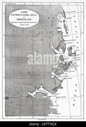 Karte eines Teils der Ostküste Grönlands für die Erkundungsreise von La Germania in den Jahren 1869-1870. Zweite deutsche Expedition zum Nordpol mit den Schiffen Germania und Hansa, 1869 Stockfoto