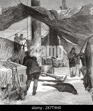 Die Besatzung der Germania bereitet sich auf den Winterschlaf vor. Zweite deutsche Expedition zum Nordpol mit den Schiffen Germania und Hansa, 1869 Stockfoto